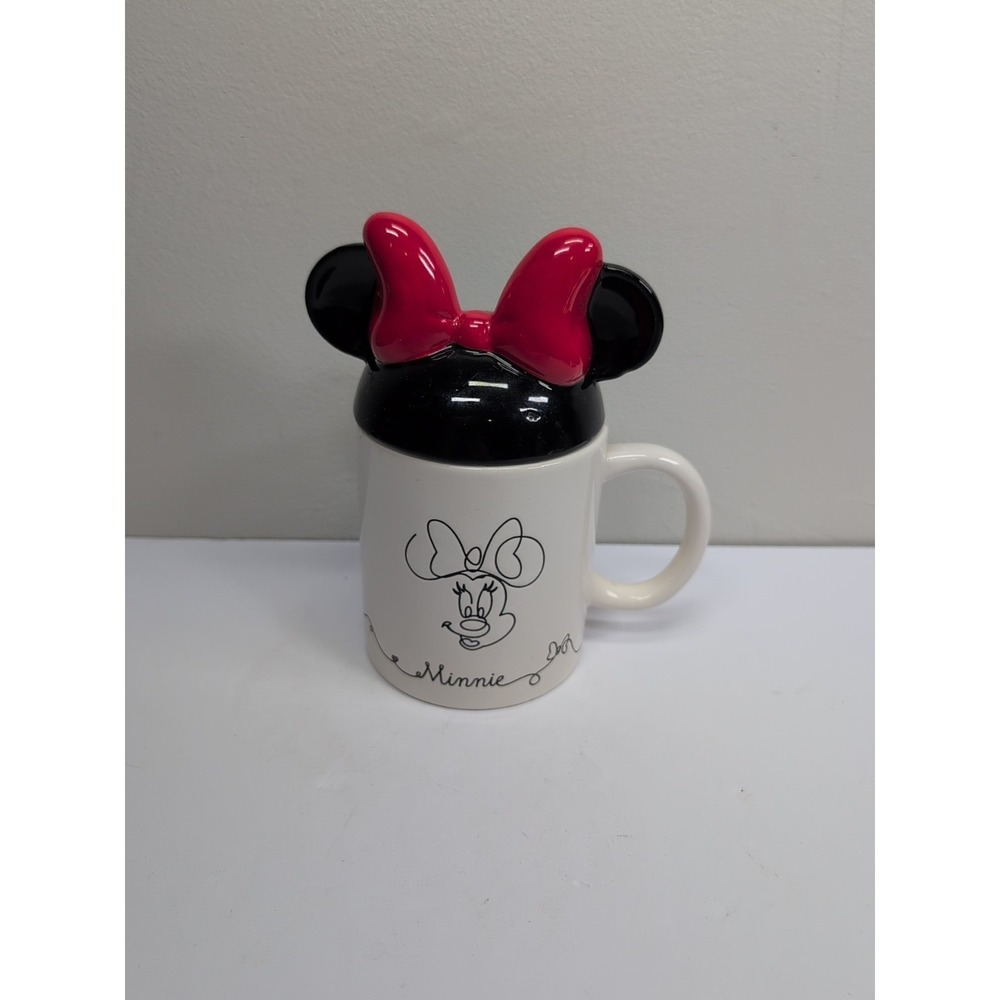 Disney MINnie Mouse 17 oz Ceramic Mug/Cup with Ear Lid Doodle Line New